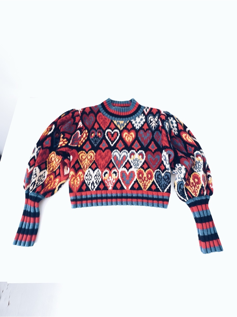 Farm Rio Hearts Intarsia Knit Sweater — Puff Sleeve — Multicolor — Size S